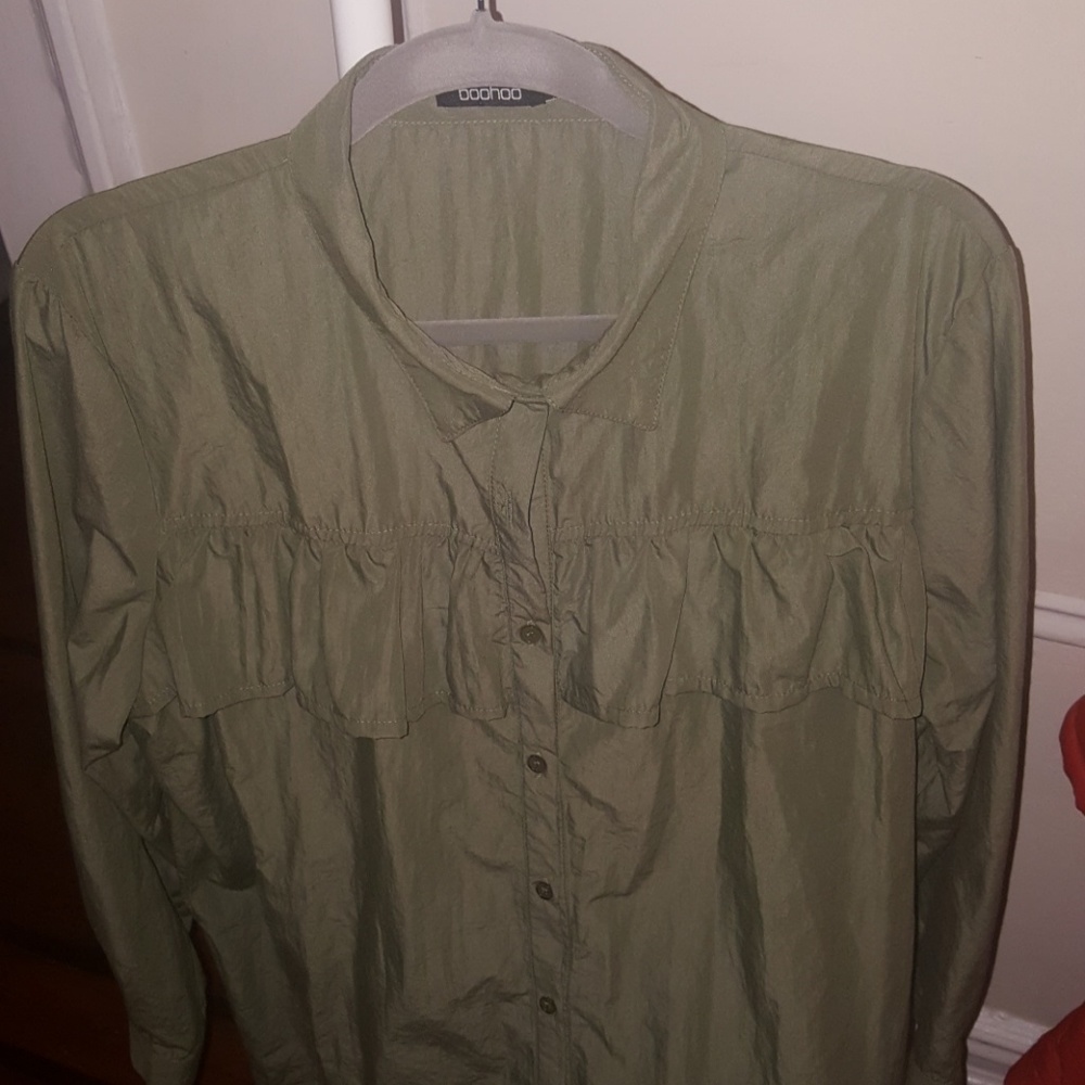 Ruffle button down shirt.